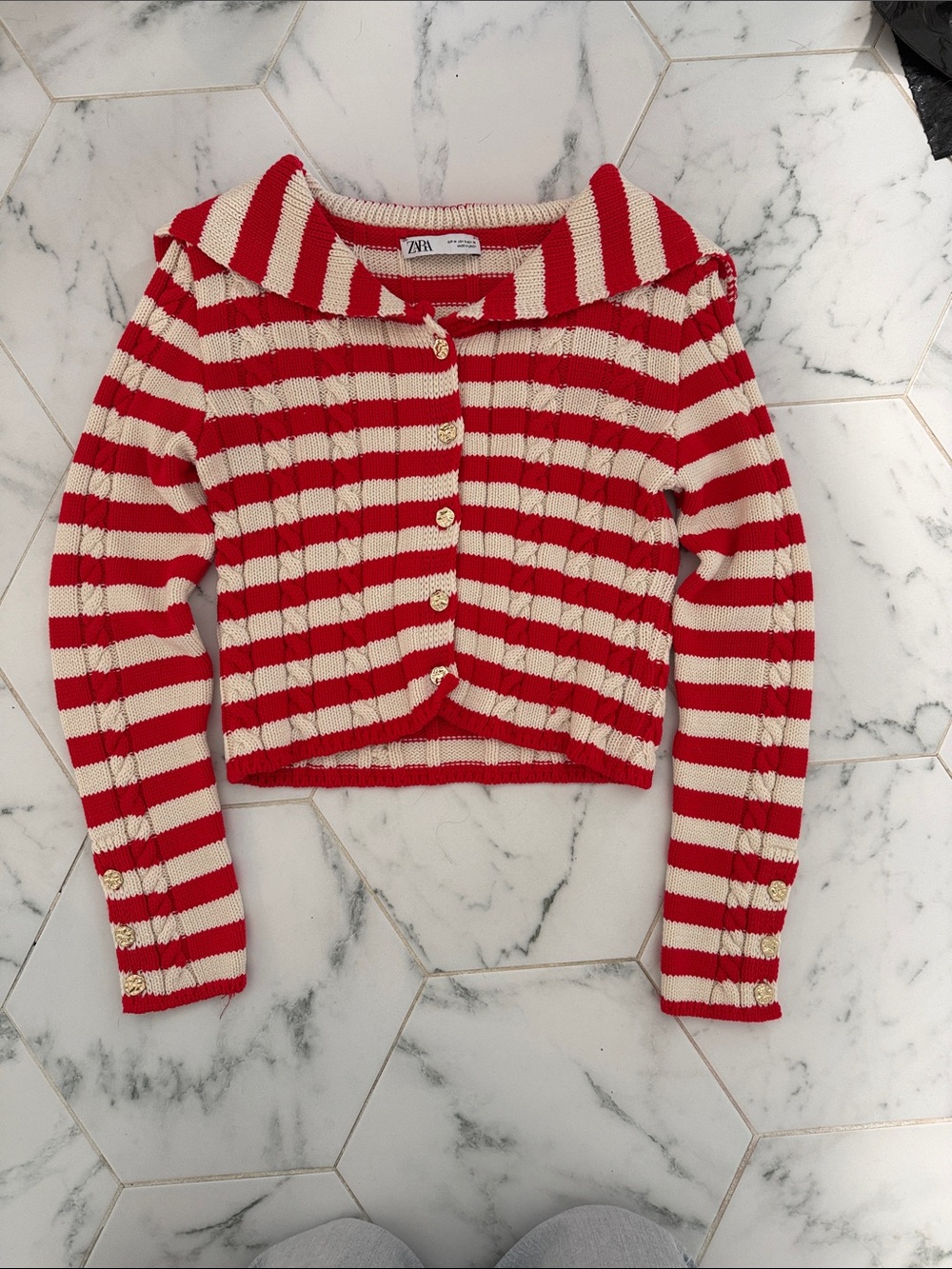 Zara Red and Cream Striped Knit Cropped Cardigan with Sailor Collar